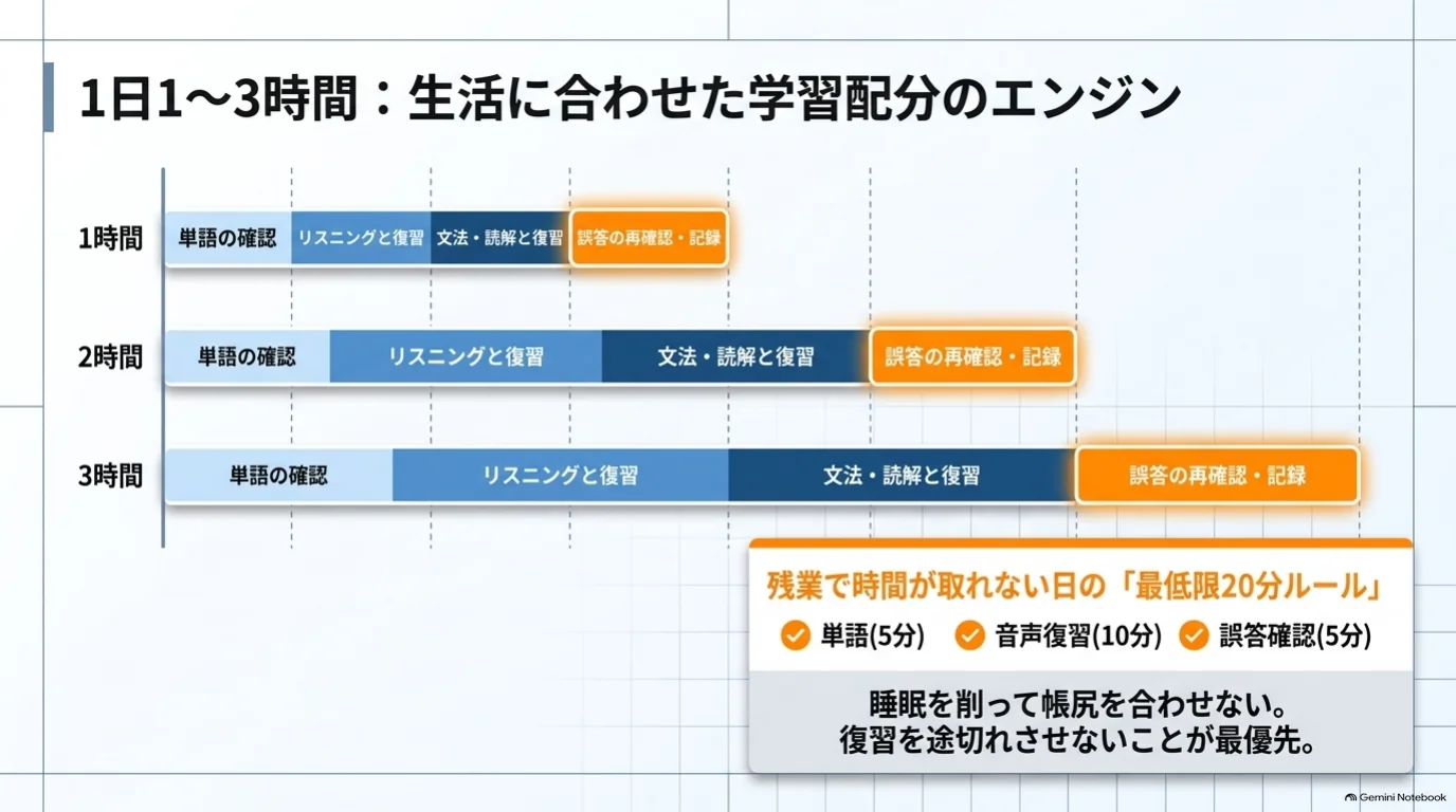 1日1〜3時間を単語、リスニング、文法・読解、誤答確認に配分する例。忙しい日は単語5分、音声復習10分、誤答確認5分に短縮する。