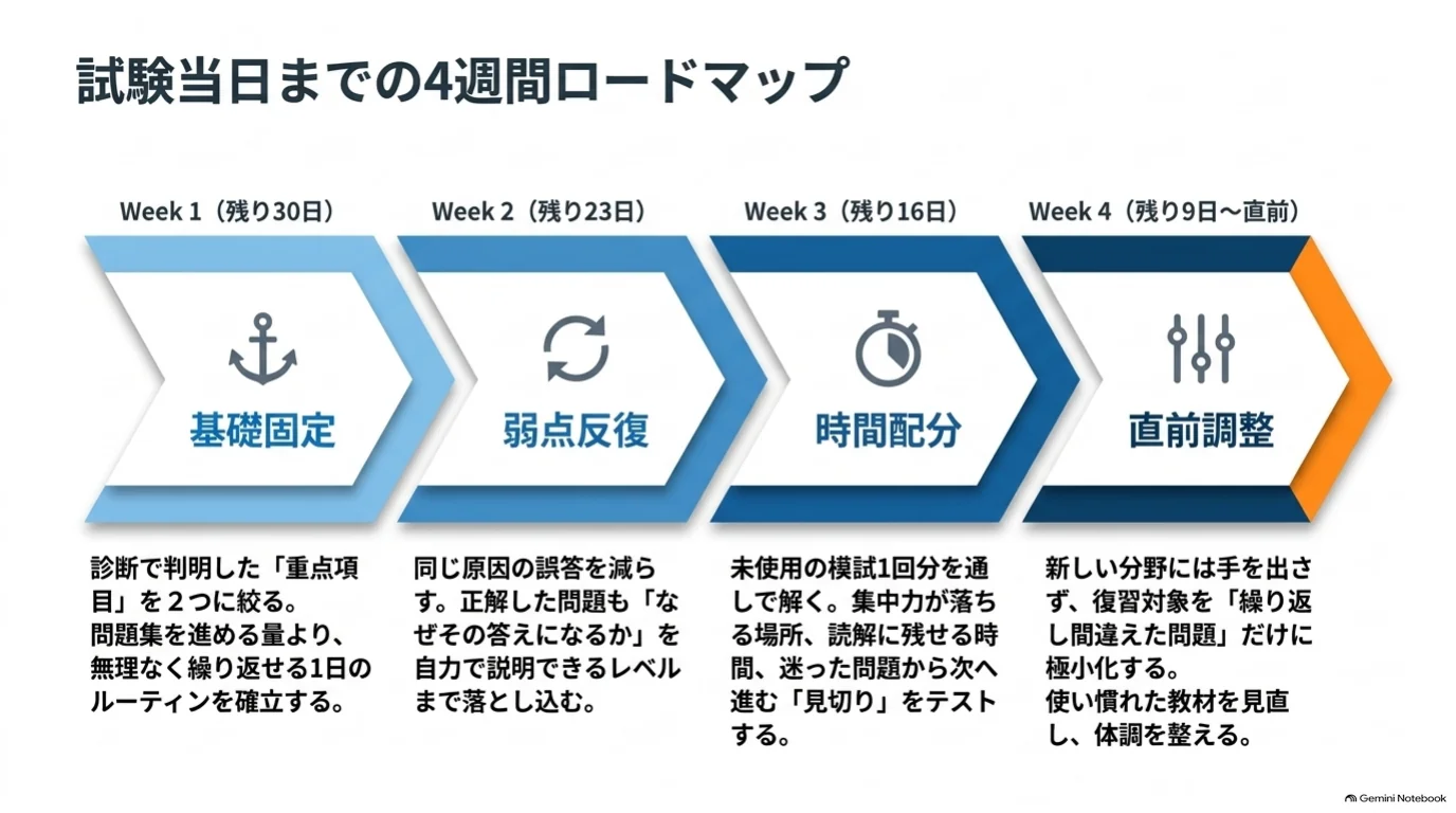 第1週は基礎固定、第2週は弱点反復、第3週は時間配分、第4週は直前調整へ進む、TOEICまでの4週間の学習計画。