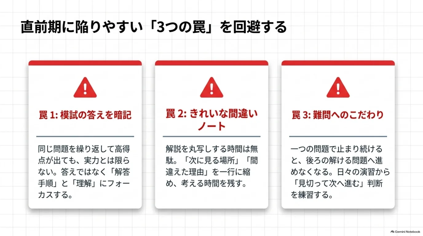 直前期に避けたい三つの行動として、模試の答えの暗記、解説を写すだけの間違いノート、難問へのこだわりを示した図。