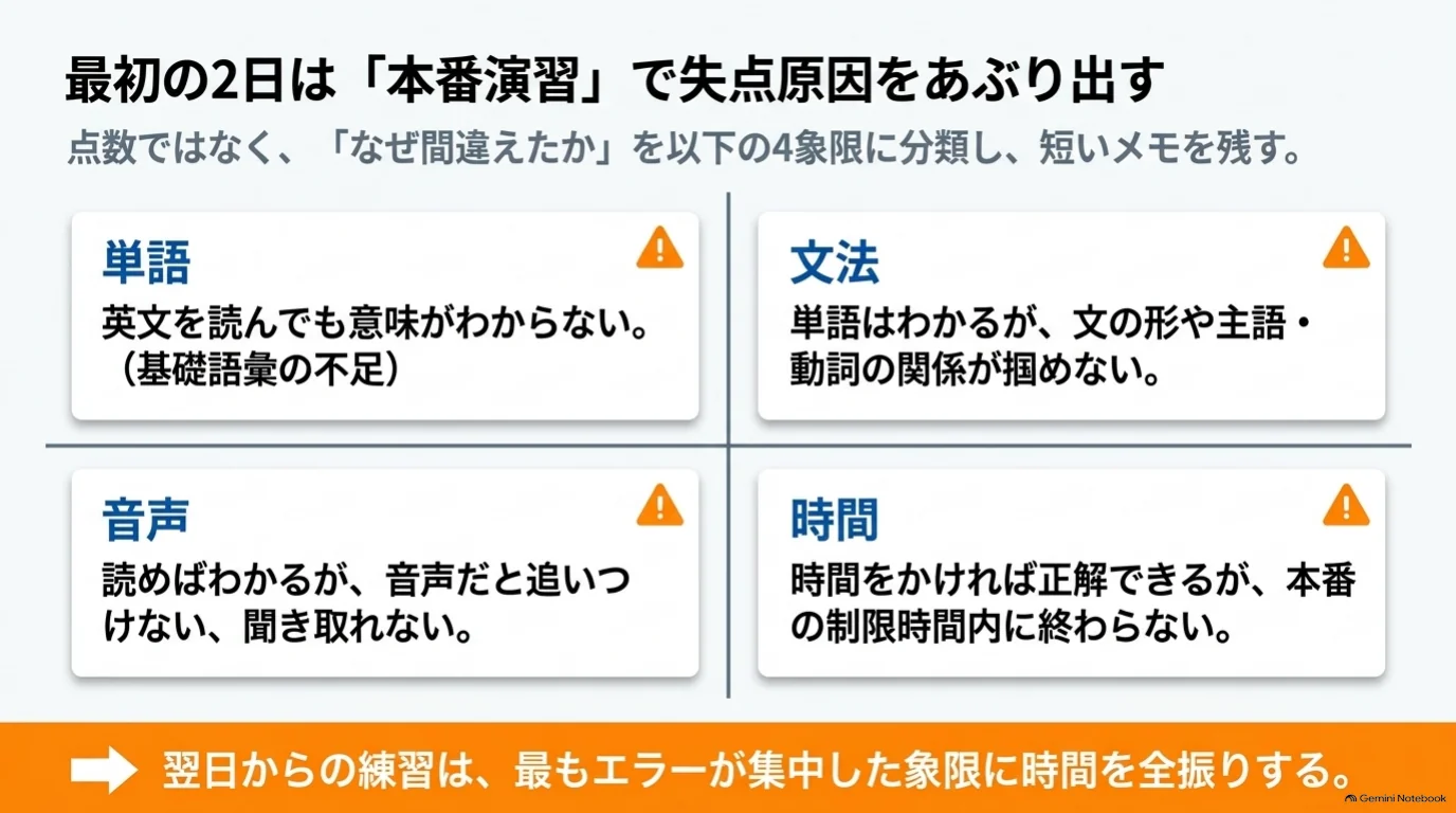 模試の誤答を単語・文法・音声・時間の四つに分類し、間違いが集中した原因に翌日からの練習時間を配分する図。