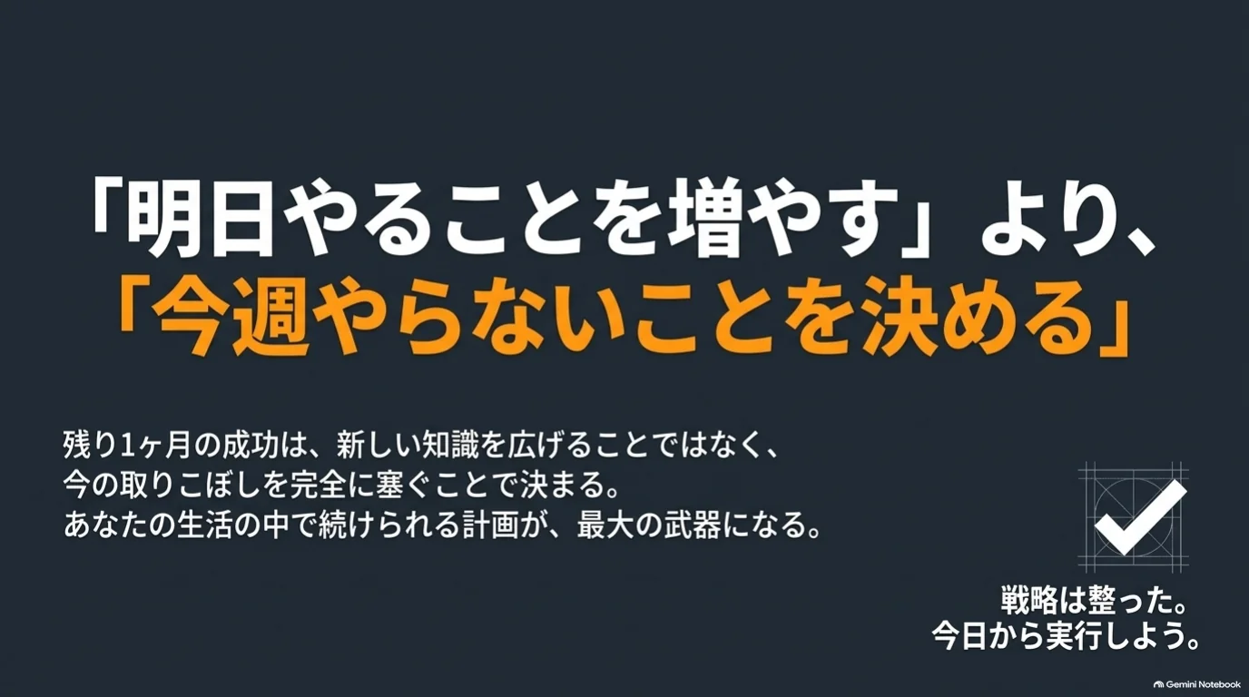 「明日やることを増やす」より「今週やらないことを決める」。残り1ヶ月は取りこぼしの改善と生活の中で続けられる計画を重視するメッセージ。