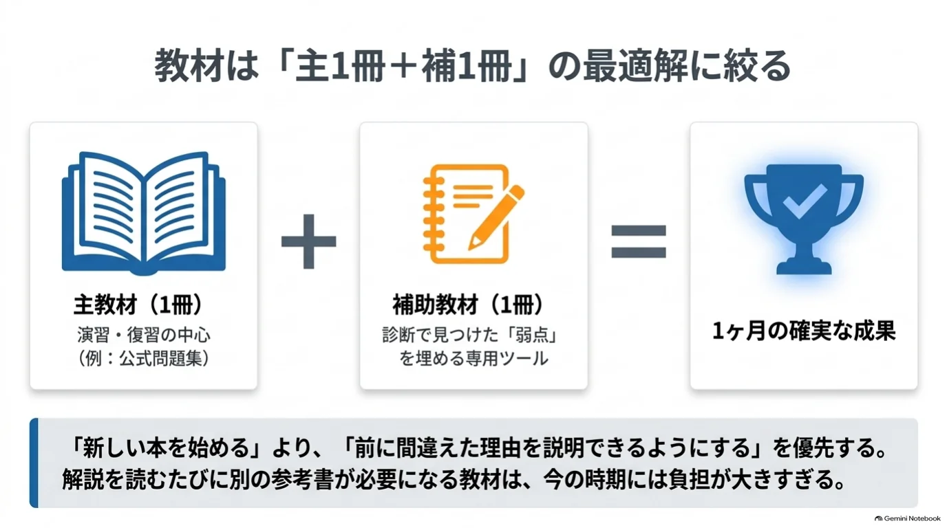 演習と復習に使う主教材1冊と、診断で見つかった弱点を補う補助教材1冊に絞る学習例。