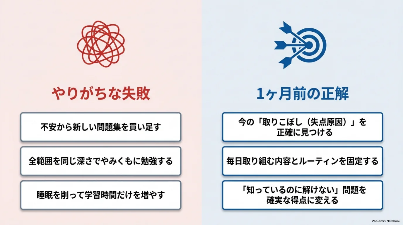 問題集の買い足し、全範囲の学習、睡眠を削る勉強を見直し、失点原因の特定と毎日の学習の固定を優先する比較図。