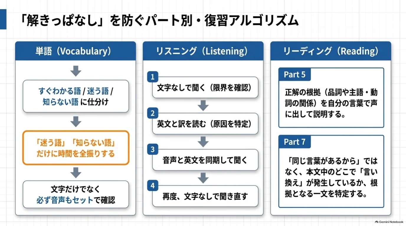 単語は迷う語と知らない語を重点復習し、リスニングは英文確認後に文字なしで聞き直す。Part 5は正解の理由、Part 7は本文の根拠と言い換えを確認する。